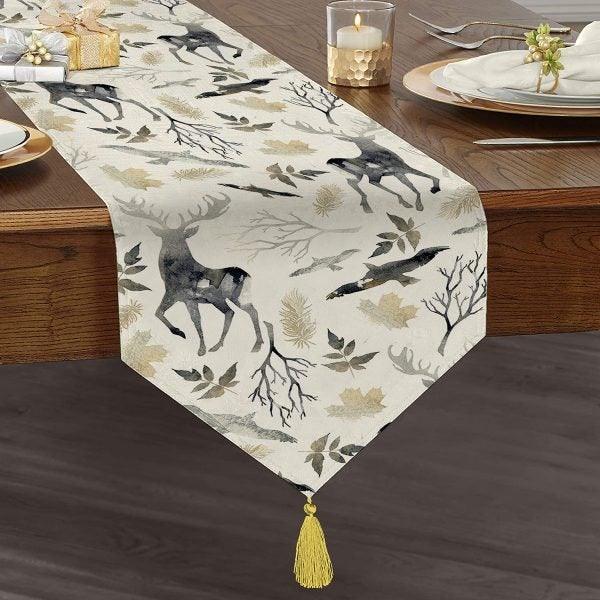 Winter Trend Runner|High Quality Triangle Chenille Table Runner|Black White Xmas Tabletop|Xmas Deer Print Table Runner|Winter Trend Runner