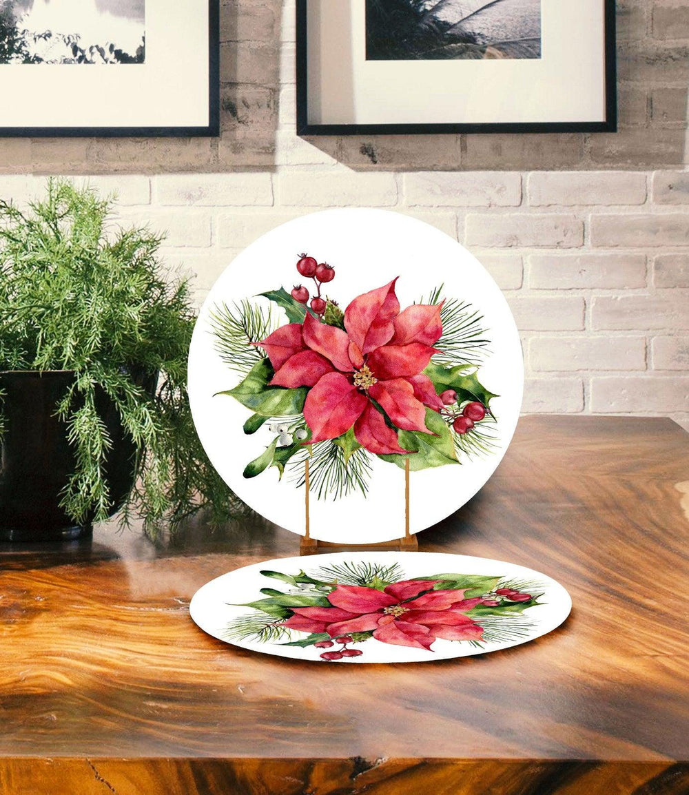 Set of 2 Winter Flower Placemat|Xmas Home Decor|Winter Supla Table Mat|Floral Pine Cone Round American Service Dining Underplate, Coasters