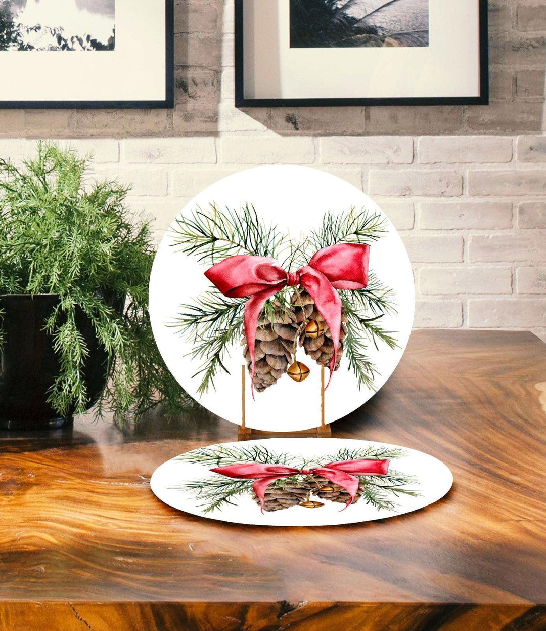 Set of 2 Winter Flower Placemat|Xmas Home Decor|Winter Supla Table Mat|Floral Pine Cone Round American Service Dining Underplate, Coasters