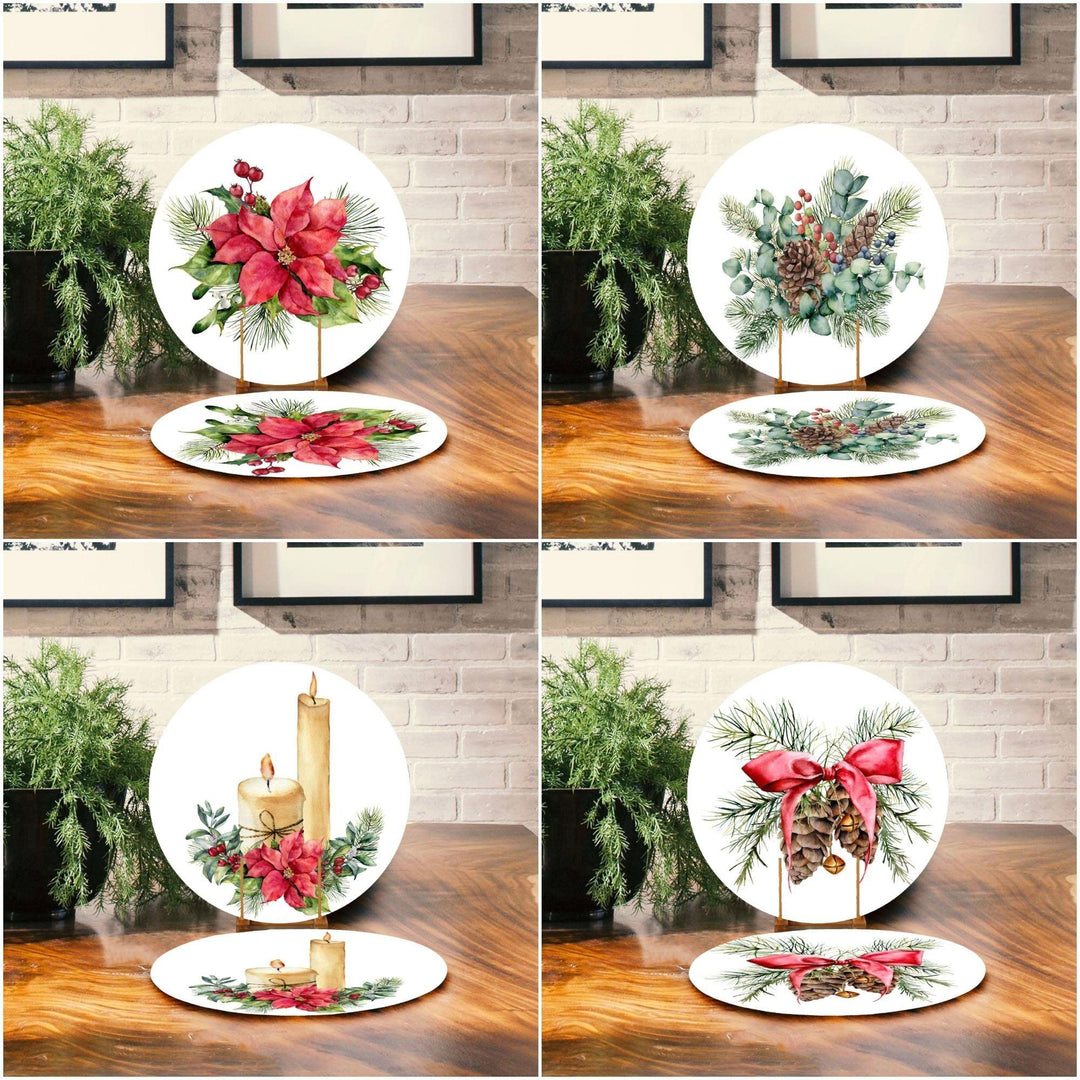 Set of 2 Winter Flower Placemat|Xmas Home Decor|Winter Supla Table Mat|Floral Pine Cone Round American Service Dining Underplate, Coasters