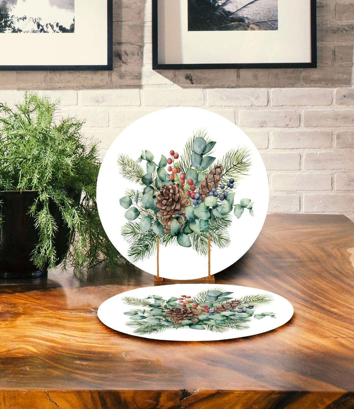 Set of 2 Winter Flower Placemat|Xmas Home Decor|Winter Supla Table Mat|Floral Pine Cone Round American Service Dining Underplate, Coasters