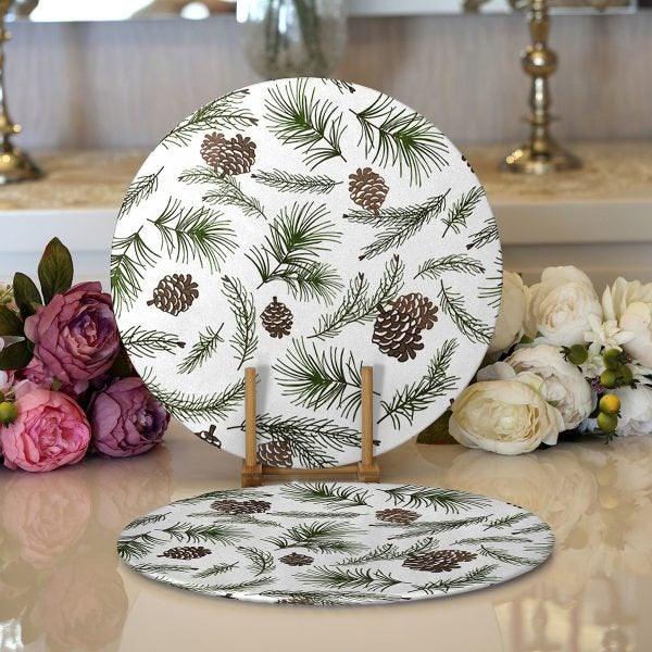 Winter Trend Placemat|Set of 2 Pine Cone Supla Table Mat|Pine Tree Needle Round American Service Dining Underplate|Farmhouse Winter Coasters