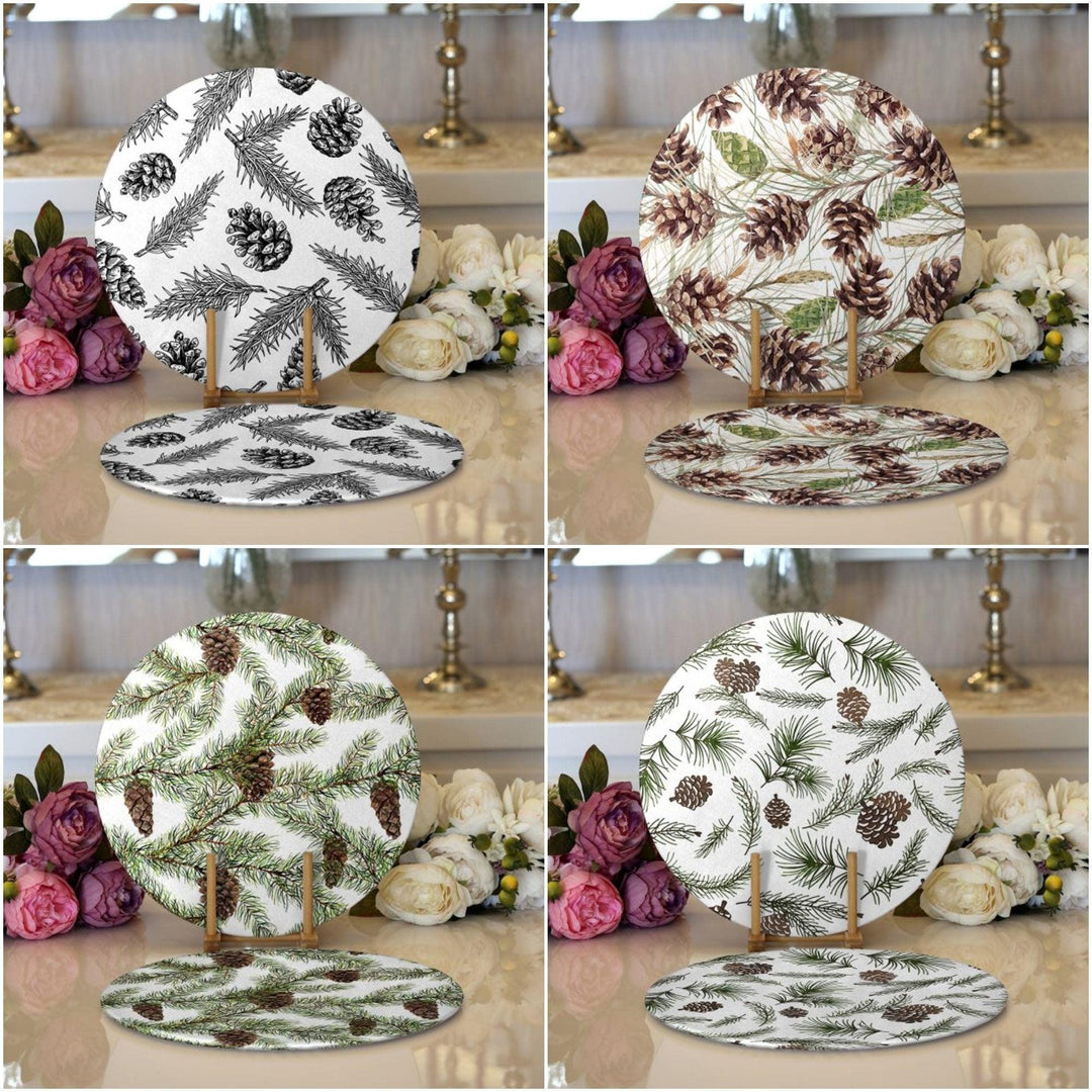 Winter Trend Placemat|Set of 2 Pine Cone Supla Table Mat|Pine Tree Needle Round American Service Dining Underplate|Farmhouse Winter Coasters