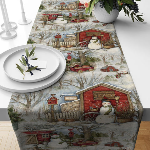 Winter Trend Table Runners|Snow, Houses and Trees Table Decor|Snowman Table Runner|Christmas Home Decor|Pine Tree and Sheep Print Tablecloth