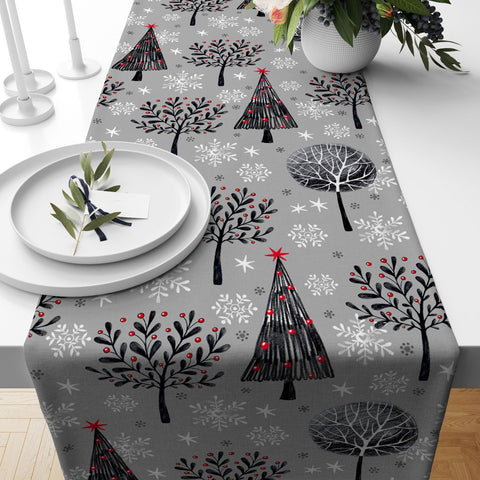 Christmas Table Runner|Winter Trend Table Top|Xmas Deer and Tree Table Decor|Red Berries Table Linen|Christmas Home Decor|Floral Deer Decor