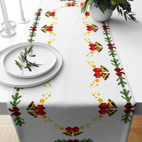 Winter Trend Table Runners|Snow, Houses and Pine Trees Table Decor|Xmas Bell Table Runner|Gold and White Color Decorative Christmas Table