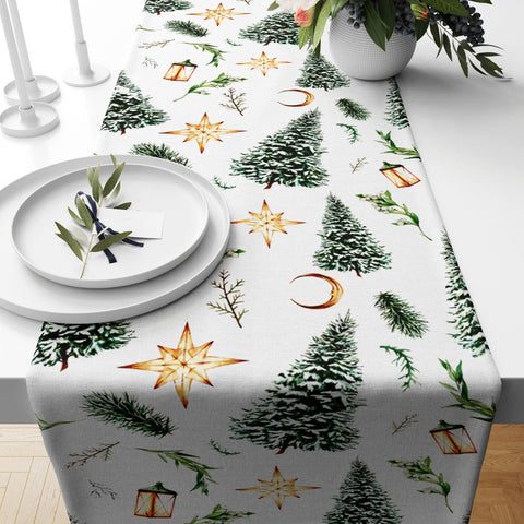 Winter Trend Table Runners|Snow, Houses and Pine Trees Table Decor|Xmas Bell Table Runner|Gold and White Color Decorative Christmas Table