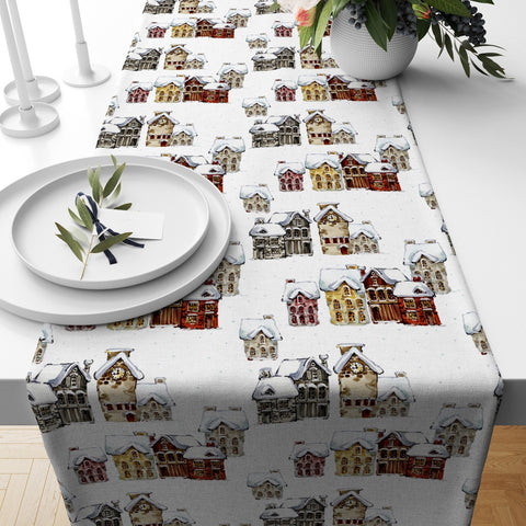 Winter Trend Table Runners|Snow, Houses and Pine Trees Table Decor|Xmas Bell Table Runner|Gold and White Color Decorative Christmas Table