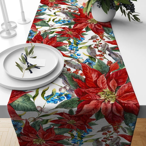 Christmas Table Runner|Winter Trend Table Top|Red Poinsettia Flower Table Decor|Checkered Design Table Runner|Christmas Ornaments Table Top