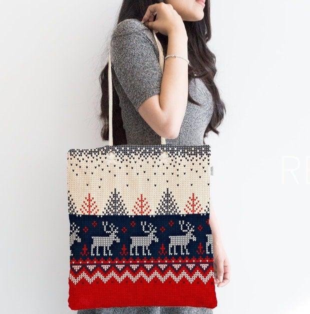 Christmas Shoulder Bag|Christmas Design Fabric Bag|Xmas Deer Tote Bag|Xmas Tree Beach Bag|Winter Trend Weekender Bag|Gift Large Bag for Her