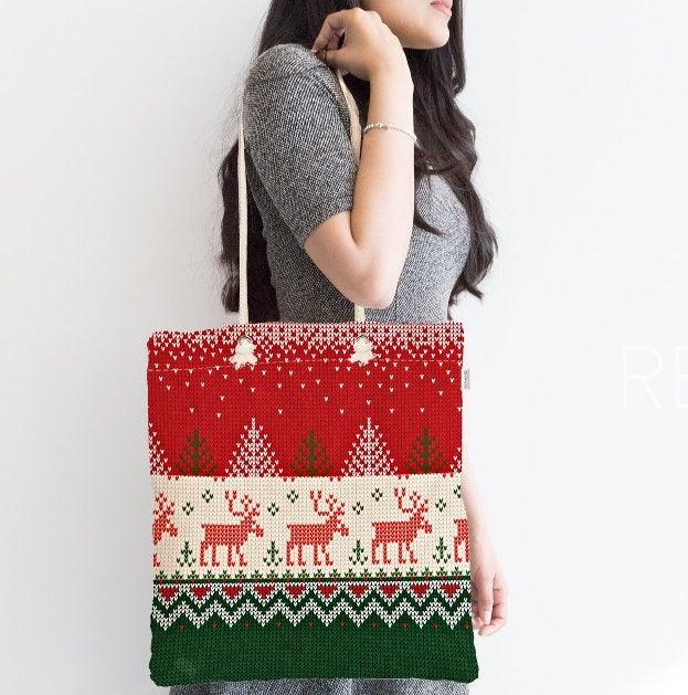 Christmas Shoulder Bag|Christmas Design Fabric Bag|Xmas Deer Tote Bag|Xmas Tree Beach Bag|Winter Trend Weekender Bag|Gift Large Bag for Her