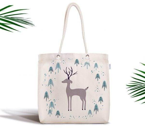 Winter Trend Shoulder Bag|Christmas Design Fabric Bag|Xmas Deer Tote Bag|Xmas Trend Beach Bag|Christmas Weekender Bag|Gift Large Bag for Her