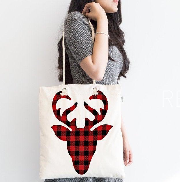 Christmas Shoulder Bag|Christmas Design Fabric Bag|Xmas Deer Tote Bag|Checkered Xmas Bag|Winter Trend Weekender Bag|Gift Large Bag for Her