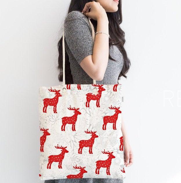 Christmas Shoulder Bag|Christmas Design Fabric Bag|Xmas Deer Tote Bag|Xmas Tree Beach Bag|Winter Trend Weekender Bag|Gift Large Bag for Her