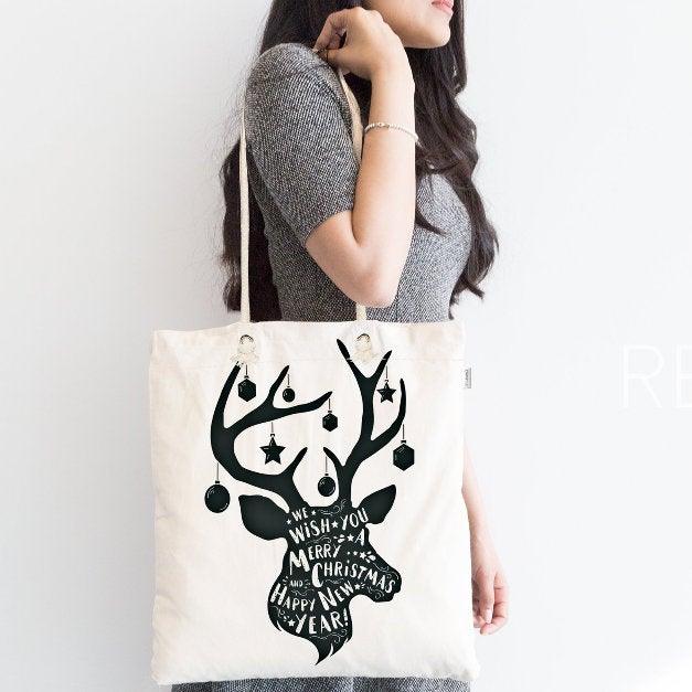 Christmas Shoulder Bag|Christmas Design Fabric Bag|Xmas Deer Tote Bag|Black White Beach Bag|Winter Trend Weekender Bag|Gift Bag for Her