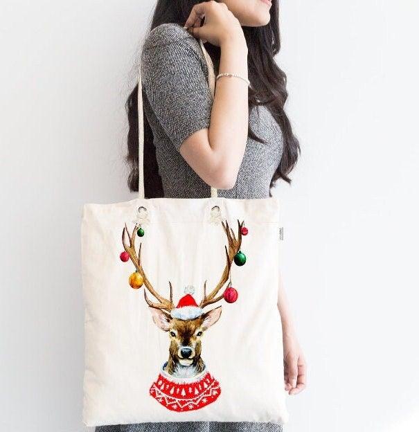 Christmas Shoulder Bag|Christmas Design Fabric Bag|Xmas Deer Tote Bag|Black White Beach Bag|Winter Trend Weekender Bag|Gift Bag for Her