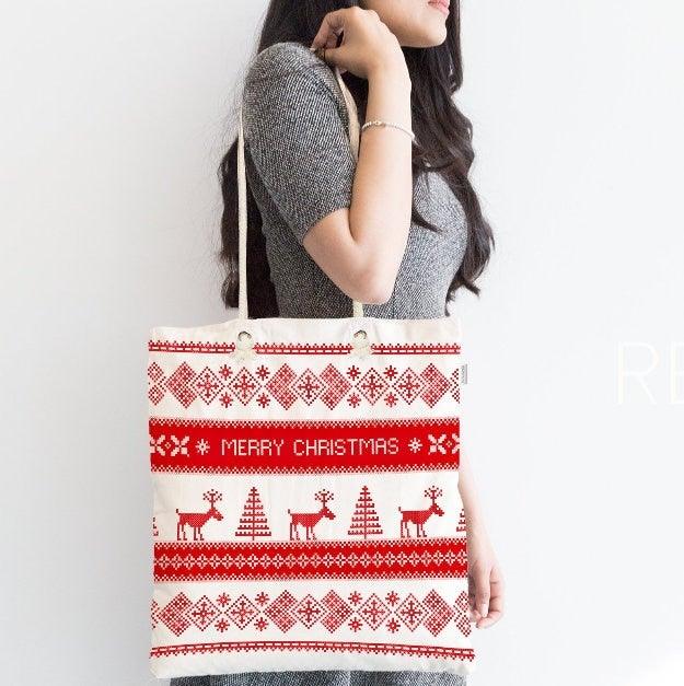 Christmas Shoulder Bag|Christmas Design Fabric Bag|Xmas Deer Tote Bag|Xmas Tree Beach Bag|Winter Trend Weekender Bag|Gift Large Bag for Her