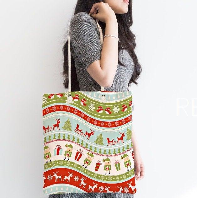 Christmas Shoulder Bag|Christmas Design Fabric Bag|Xmas Deer Tote Bag|Xmas Tree Beach Bag|Winter Trend Weekender Bag|Gift Large Bag for Her