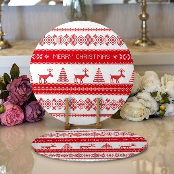 Christmas Placemat|Set of 2 Xmas Design Red White Supla Table Mat|Winter Trend Round American Service Dining Underplate|Farmhouse Xmas Supla