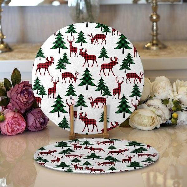 Christmas Placemat|Set of 2 Xmas Deer and Tree Supla Table Mat|Winter Trend Round American Service Dining Underplate|Farmhouse Style Coaster