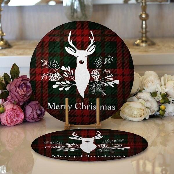 Christmas Placemat|Set of 2 Checkered Xmas Deer Supla Table Mat|Winter Trend Round American Service Dining Underplate|Farmhouse Xmas Coaster