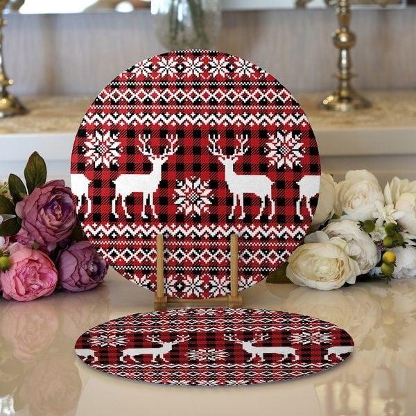 Christmas Placemat|Set of 2 Checkered Xmas Deer Supla Table Mat|Winter Trend Round American Service Dining Underplate|Farmhouse Xmas Coaster