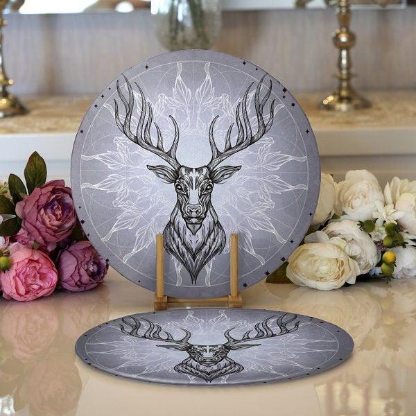 Christmas Placemat|Set of 2 Buckhorn Print Table Mat|Winter Trend Round American Service Dining Underplate|Farmhouse Style Xmas Deer Coaster