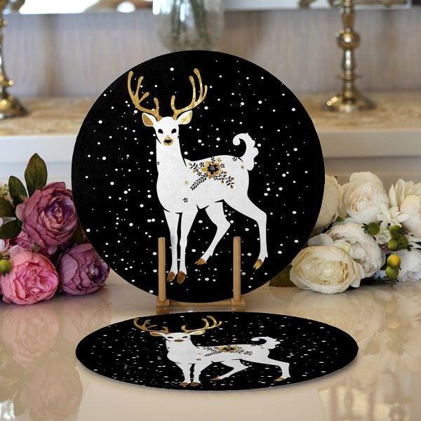 Christmas Placemat|Set of 2 Deer Supla Table Mat|Winter Trend Round American Service Dining Underplate|Farmhouse Black White Gold Coasters