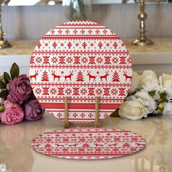 Christmas Placemat|Set of 2 Xmas Deer Supla Table Mat|Winter Trend Red White Round American Service Dining Underplate|Xmas Themed Coasters