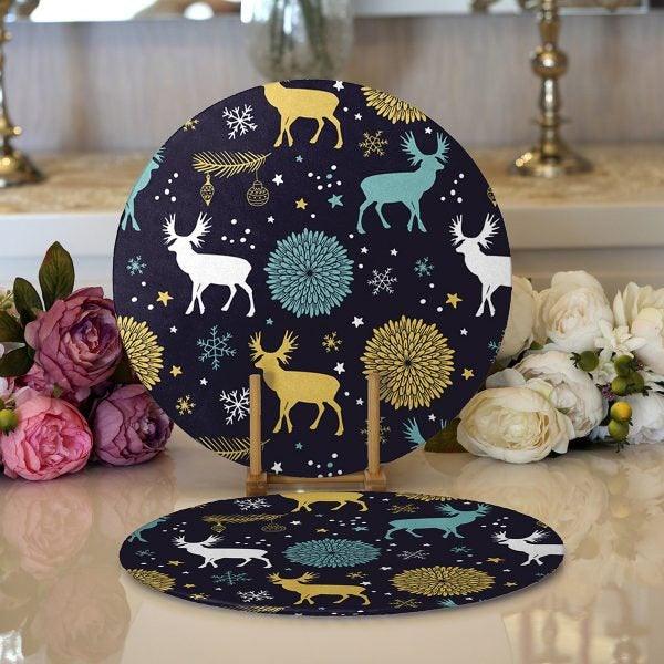 Christmas Placemat|Set of 2 Colorful Deer Print Table Mat|Winter Trend Round American Service Dining Underplate|Farmhouse Winter Coaster Set