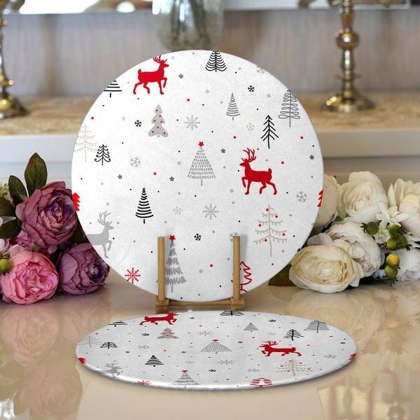 Christmas Placemat|Set of 2 Deer Print Supla Table Mat|Winter Trend Round American Service Dining Underplate|Farmhouse Winter Coaster Set