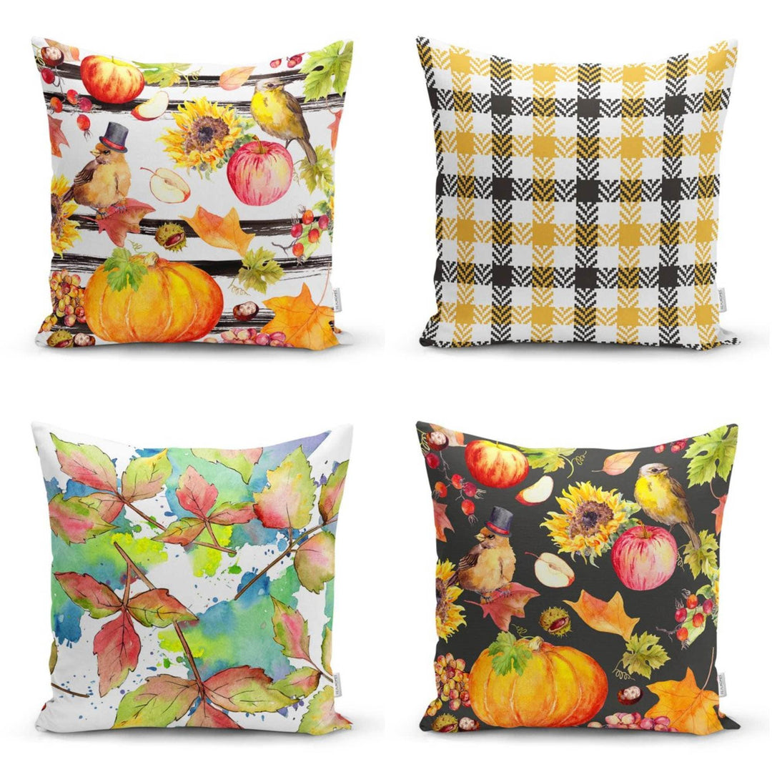 Pumpkin Pillow Cover|Fall Trend Cushion Case|Floral Pumpkin and Birds Throw Pillow|Leaves Pillow Case|Farmhouse Style Plaid Fall Pillow Top