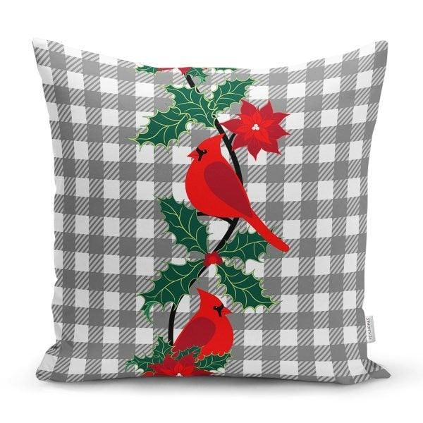 Winter Trend Pillow Case|Christmas Pillow Cover|Floral Red Xmas Home Decor|Cardinal Bird and Poinsettia Throw Pillow|Checkered Leaf Decor