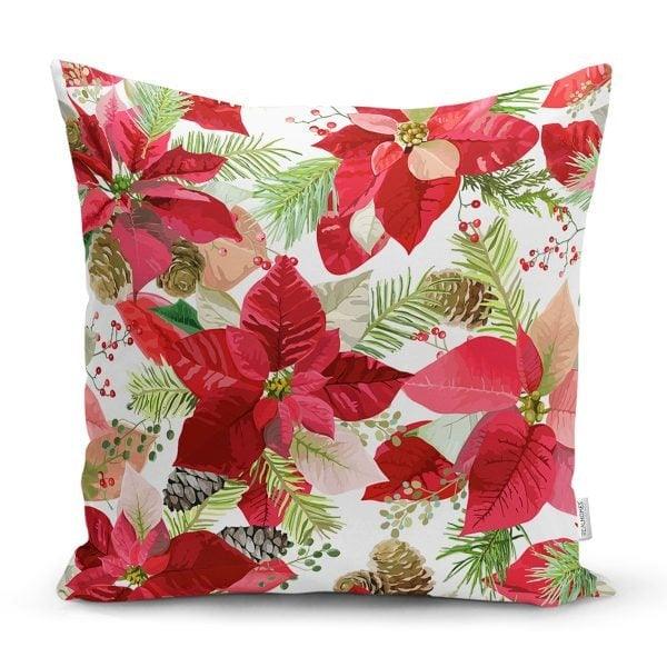 Winter Trend Pillow Case|Christmas Pillow Cover|Floral Red Xmas Home Decor|Cardinal Bird and Poinsettia Throw Pillow|Checkered Leaf Decor