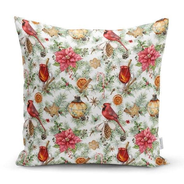 Winter Trend Pillow Case|Christmas Pillow Cover|Floral Red Xmas Home Decor|Cardinal Bird and Poinsettia Throw Pillow|Checkered Leaf Decor