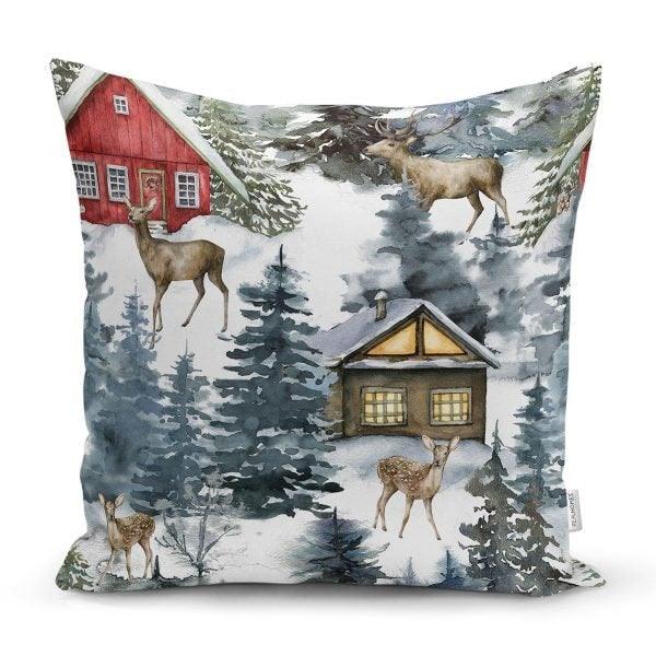 Winter Trend Cushion Cover|Christmas Pillow Case|Snow Houses and Pine Trees Home Decor|Housewarming Deer Print Throw Pillow Top|Xmas Cushion