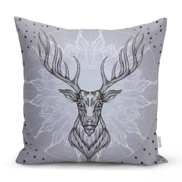 Winter Trend Cushion Cover|Christmas Pillow Case|Checkered Xmas Deer and Leaves Home Decor|Housewarming Gray Buckhorn Print Throw Pillow Top