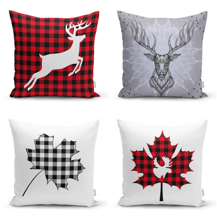 Winter Trend Cushion Cover|Christmas Pillow Case|Checkered Xmas Deer and Leaves Home Decor|Housewarming Gray Buckhorn Print Throw Pillow Top