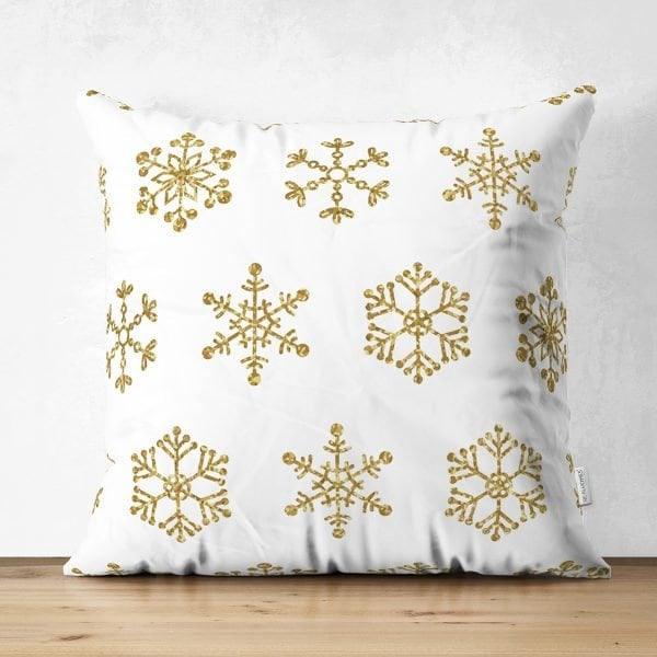 Snowflake Pillow Cover|Winter Home Decor|Suede Winter Cushion Case|Housewarming Gift|Decorative Snowflake Throw Pillow Top|Gold White Pillow