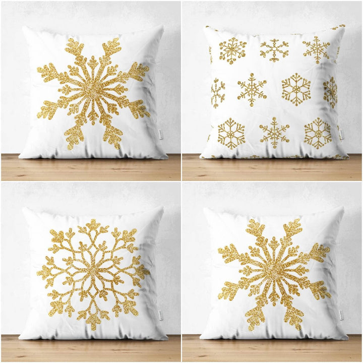 Snowflake Pillow Cover|Winter Home Decor|Suede Winter Cushion Case|Housewarming Gift|Decorative Snowflake Throw Pillow Top|Gold White Pillow