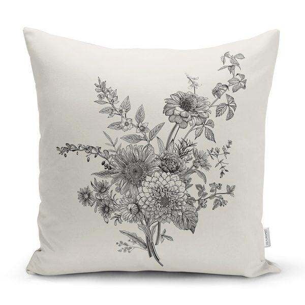 Floral Pillow Cover|Gray and White Floral Decor|Decorative Floral Living Room Cushion Case|Farmhouse Pillow Cover|Bee and Flowers Pillow Top