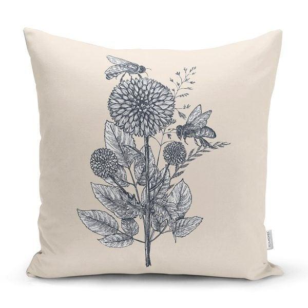 Floral Pillow Cover|Gray and White Floral Decor|Decorative Floral Living Room Cushion Case|Farmhouse Pillow Cover|Bee and Flowers Pillow Top