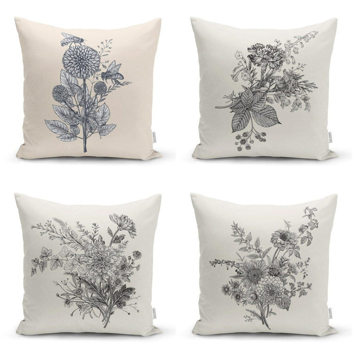 Floral Pillow Cover|Gray and White Floral Decor|Decorative Floral Living Room Cushion Case|Farmhouse Pillow Cover|Bee and Flowers Pillow Top