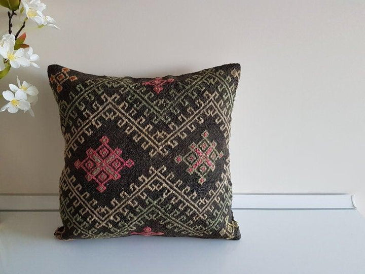 Vintage Kilim Pillow Cover|Turkish Kilim Pillow Cover|Antique Upholstery Throw Pillow Cover|Boho Bedding Decor|Handwoven Rug Cushion 16x16