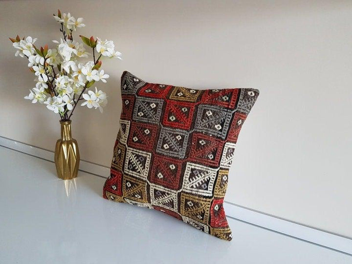 Vintage Kilim Pillow Cover|Turkish Rug Pillow Cover|Antique Ottoman Throw Pillow Cover|Boho Bedding Decor|Handwoven Rug Cushion Case 16x16