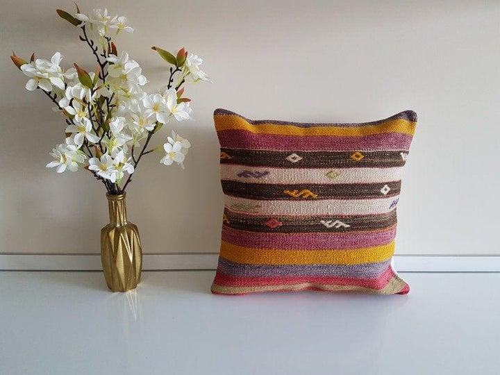 Vintage Kilim Pillow Cover|Turkish Kilim Pillow Cover|Antique Anatolian Throw Pillow Cover|Boho Bedding Decor|Handwoven Rug Cushion 16x16