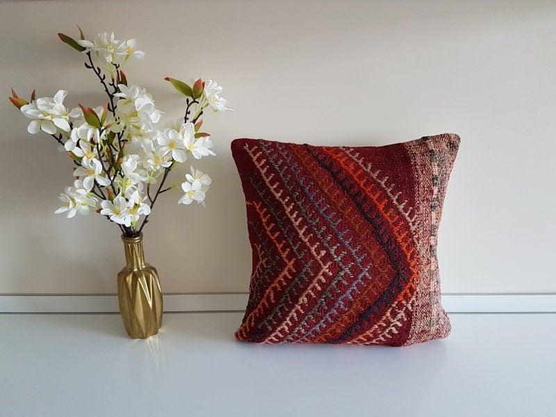 Vintage Kilim Pillow Cover|Turkish Kilim Pillow Cover|Eclectic Anatolian Throw Pillow Cover|Boho Bedding Decor|Handwoven Ottoman Rug 16x16