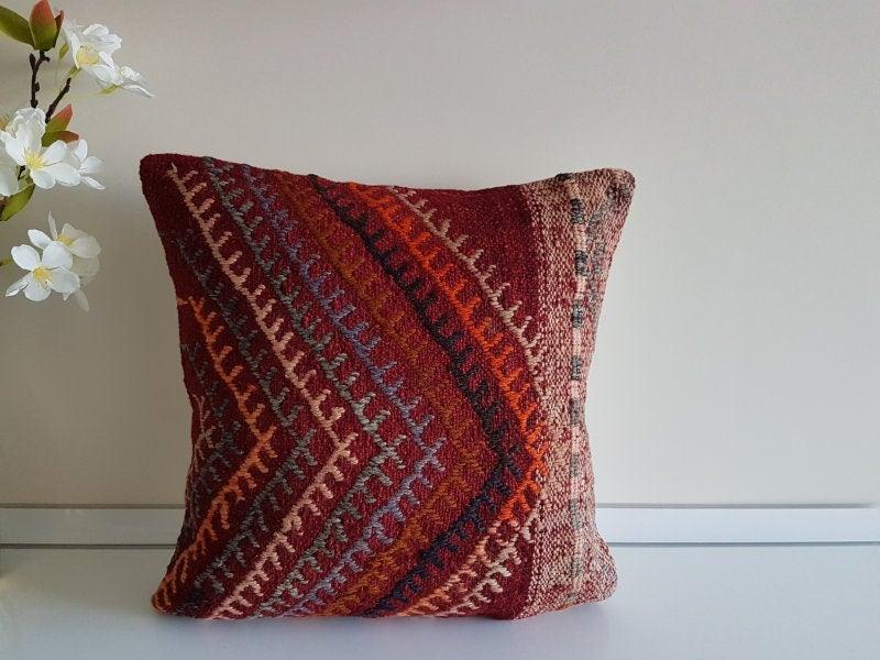 Vintage Kilim Pillow Cover|Turkish Kilim Pillow Cover|Eclectic Anatolian Throw Pillow Cover|Boho Bedding Decor|Handwoven Ottoman Rug 16x16