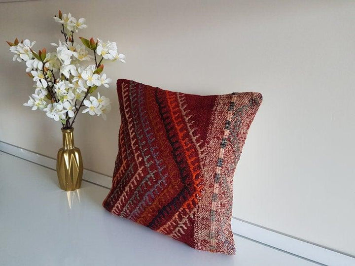 Vintage Kilim Pillow Cover|Turkish Kilim Pillow Cover|Eclectic Anatolian Throw Pillow Cover|Boho Bedding Decor|Handwoven Ottoman Rug 16x16