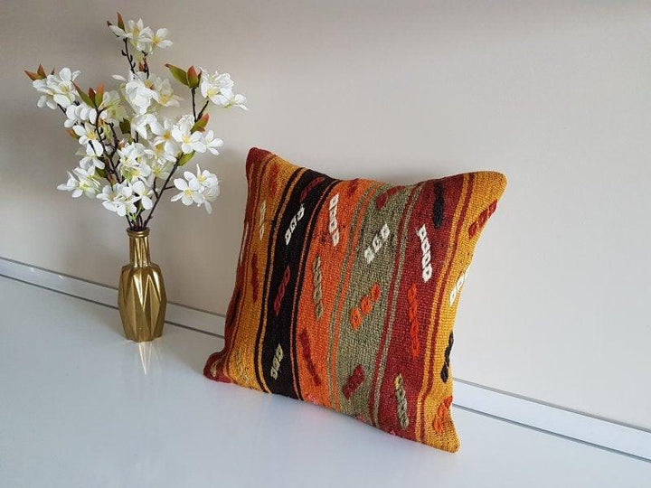 Vintage Kilim Pillow Cover|Turkish Kilim Pillow Cover|Antique Ottoman Throw Pillow Cover|Boho Bedding Decor|Handwoven Rug Cushion Case 16x16